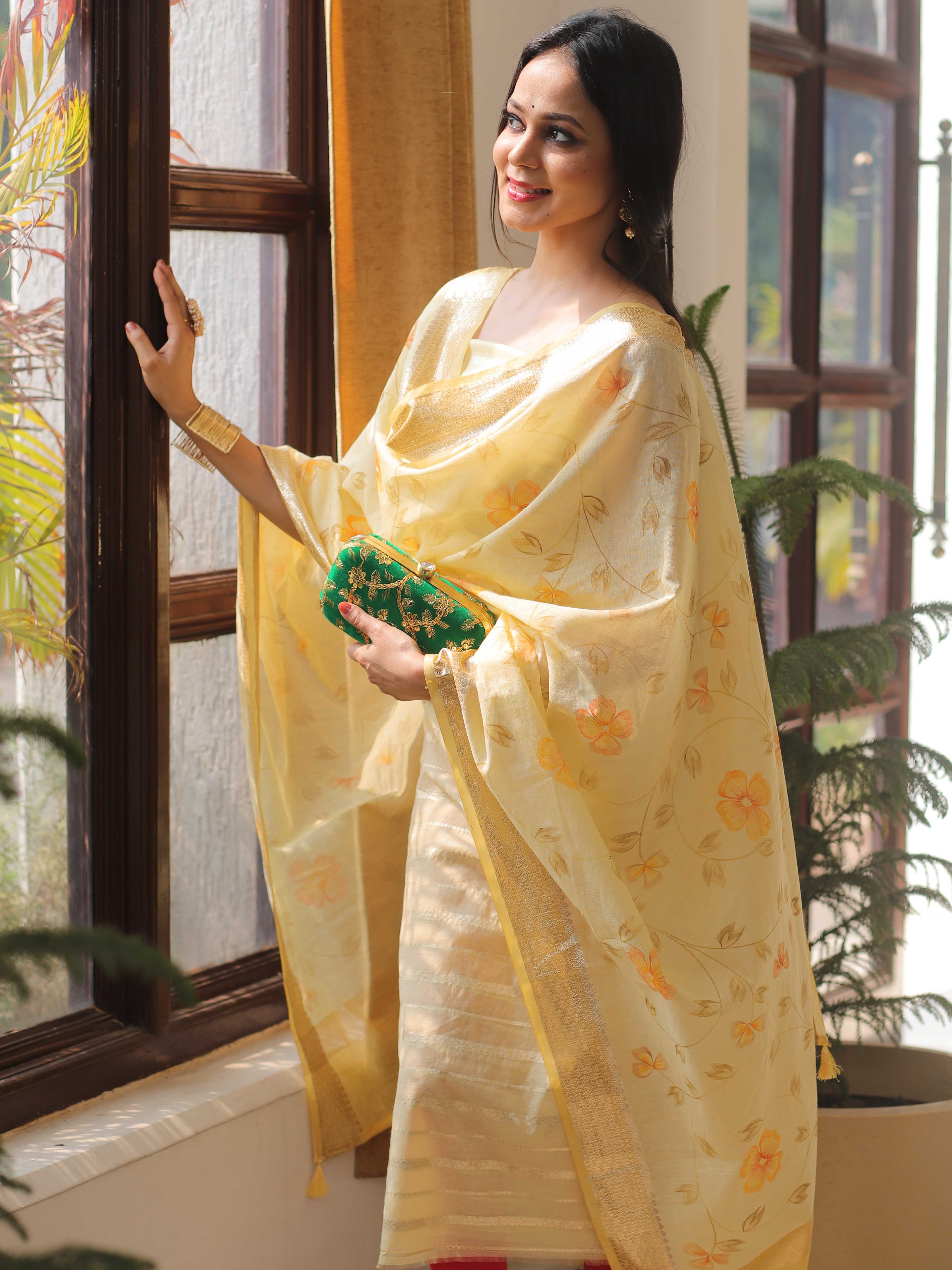 Banarasee Chanderi Cotton Zari Buti Salwar Kameez Fabric With Hand-Painted Dupatta-Yellow