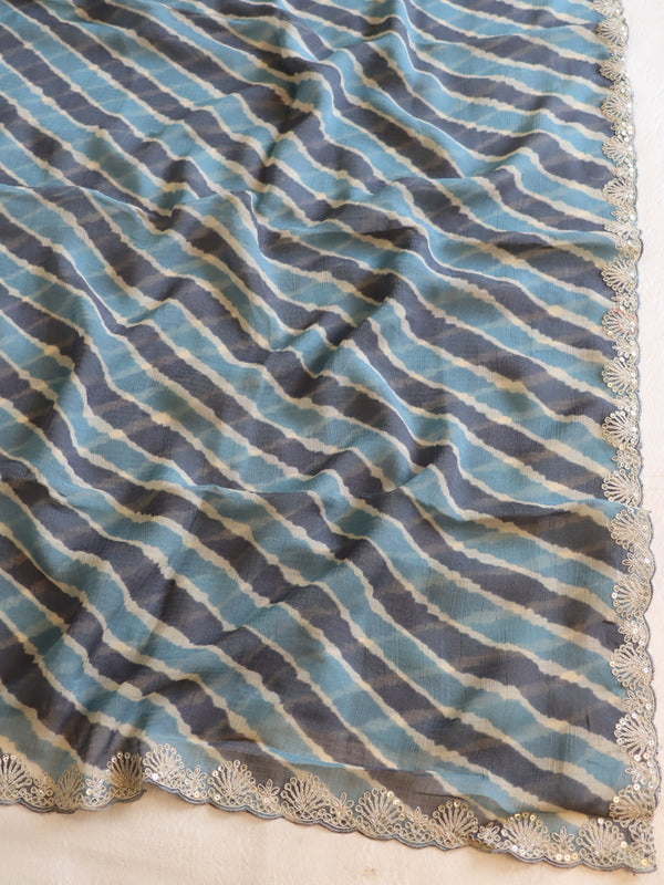 Banarasee Chiffon Leheriya Print Saree With Hand Work-Blue