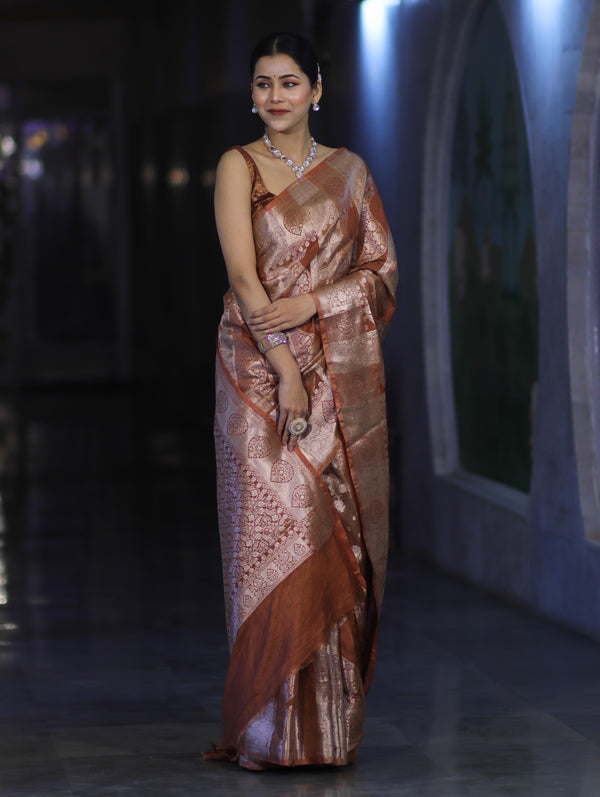 Banarasee Handloom Semi Silk Tissue Saree With Handwoven Zari Design & Border-Earthy Brown