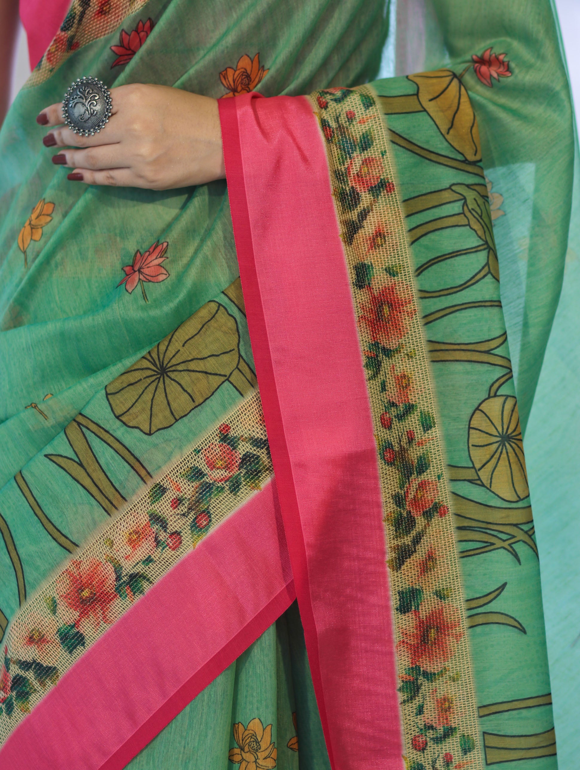 Banarasee Handloom Cotton Silk Saree With Digital Floral Prints & Contrast Border-Green