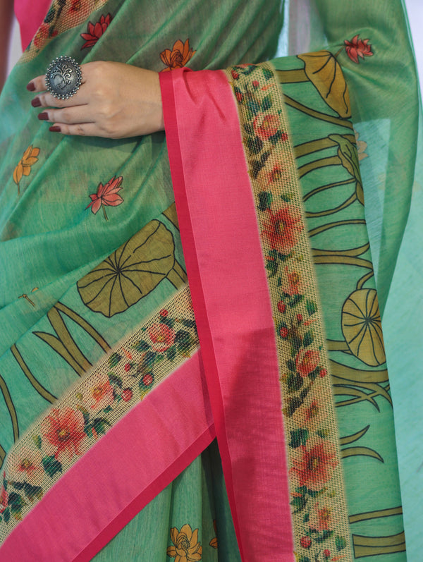 Banarasee Handloom Cotton Silk Saree With Digital Floral Prints & Contrast Border-Green