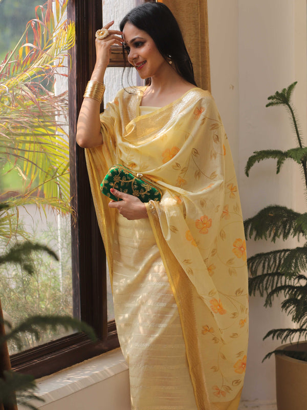 Banarasee Chanderi Cotton Zari Buti Salwar Kameez Fabric With Hand-Painted Dupatta-Yellow