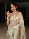 Banarasee Tissue Saree With Stripes Design Tanchoi Border & Lace-Gold