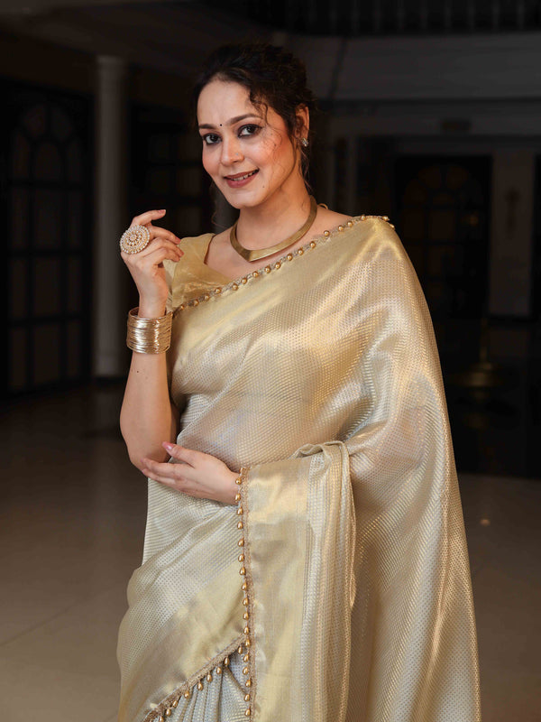 Banarasee Tissue Saree With Stripes Design Tanchoi Border & Lace-Gold