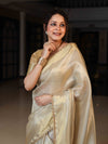 Banarasee Tissue Saree With Stripes Design Tanchoi Border & Lace-Gold