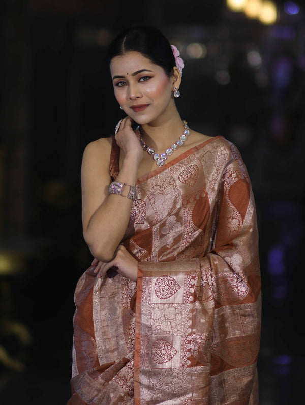 Banarasee Handloom Semi Silk Tissue Saree With Handwoven Zari Design & Border-Earthy Brown