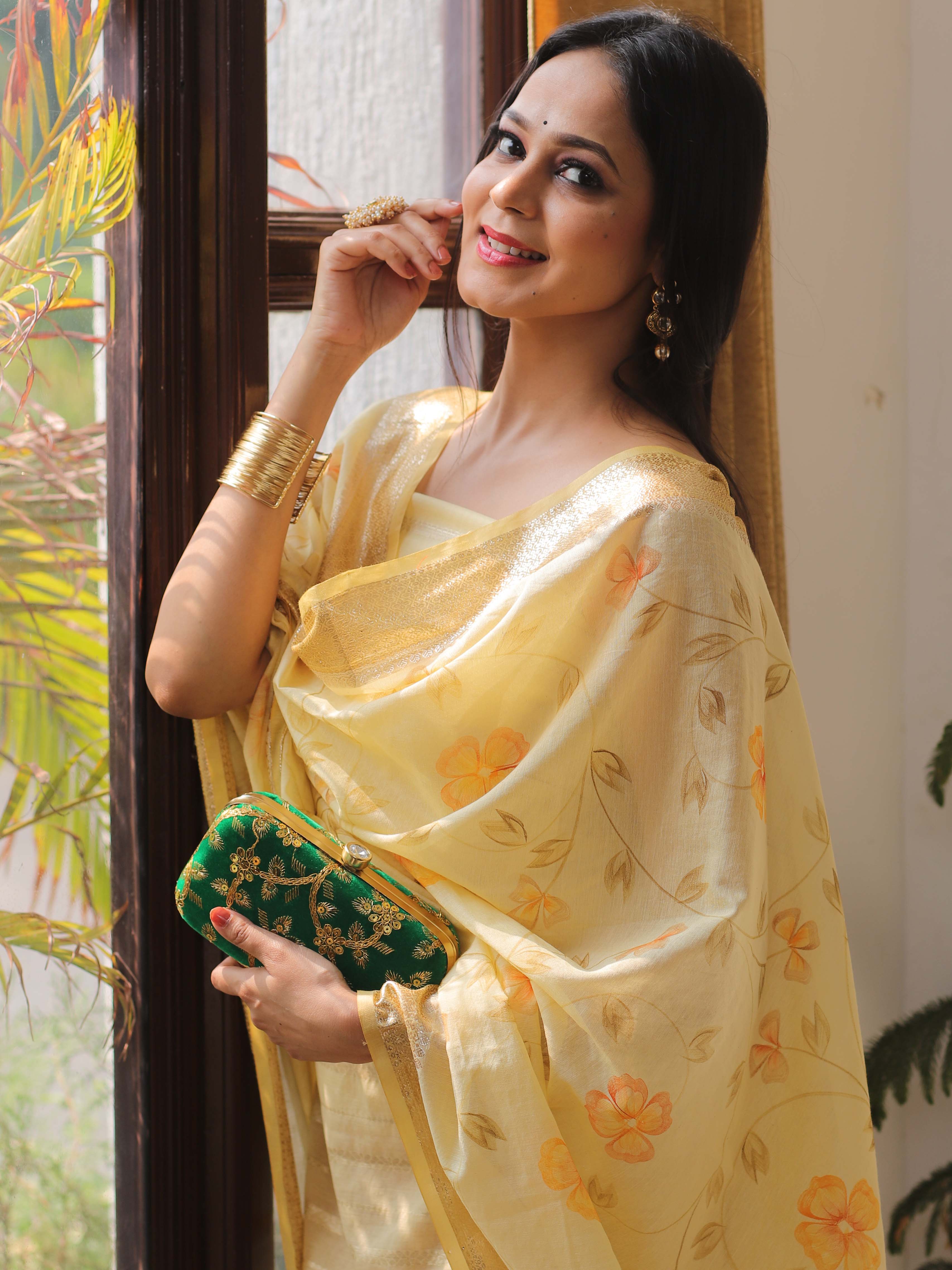 Banarasee Chanderi Cotton Zari Buti Salwar Kameez Fabric With Hand-Painted Dupatta-Yellow