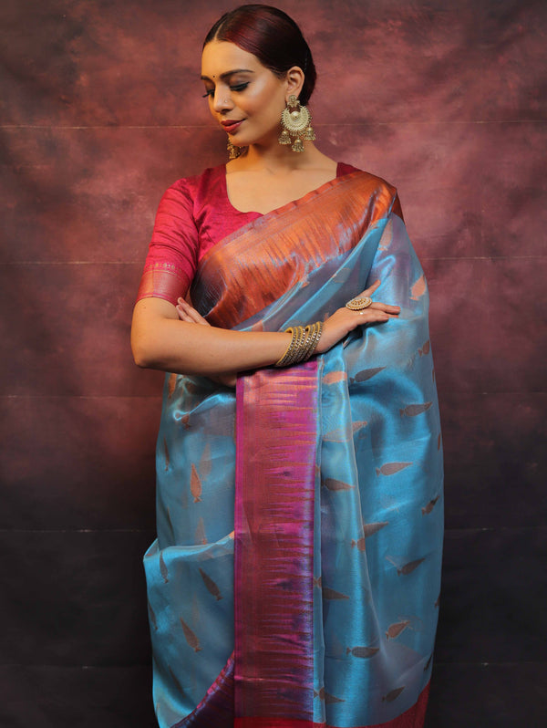 Banarasee Handwoven Broad Contrast Border Tissue Saree-Blue