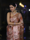 Banarasee Handloom Semi Silk Tissue Saree With Handwoven Zari Design & Border-Earthy Brown