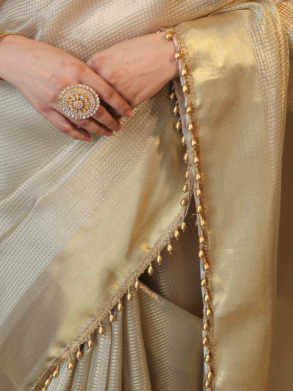 Banarasee Tissue Saree With Stripes Design Tanchoi Border & Lace-Gold
