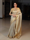 Banarasee Tissue Saree With Stripes Design Tanchoi Border & Lace-Gold