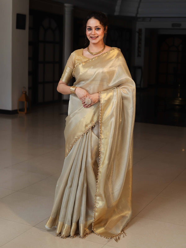Banarasee Tissue Saree With Stripes Design Tanchoi Border & Lace-Gold