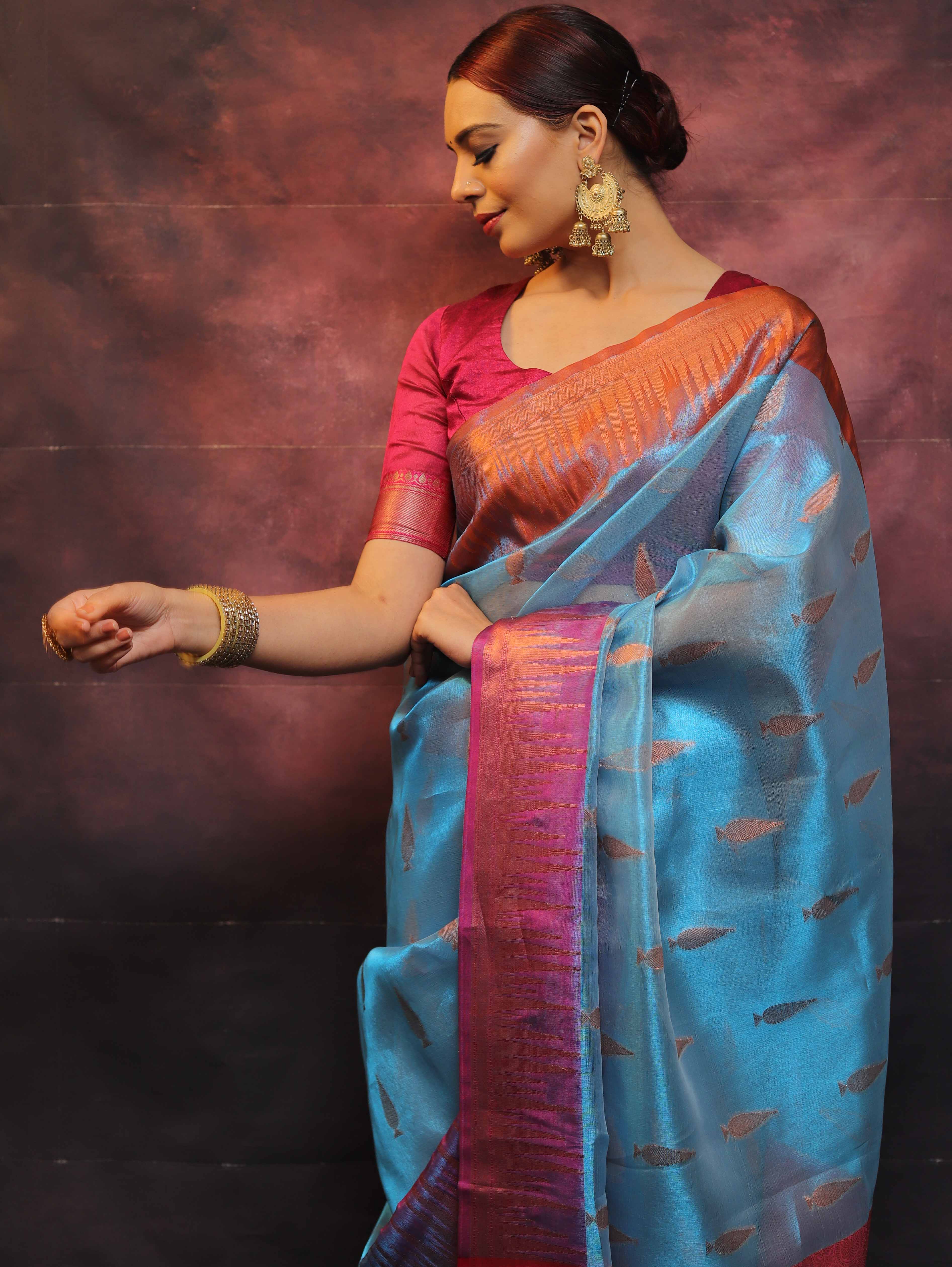 Banarasee Handwoven Broad Contrast Border Tissue Saree-Blue