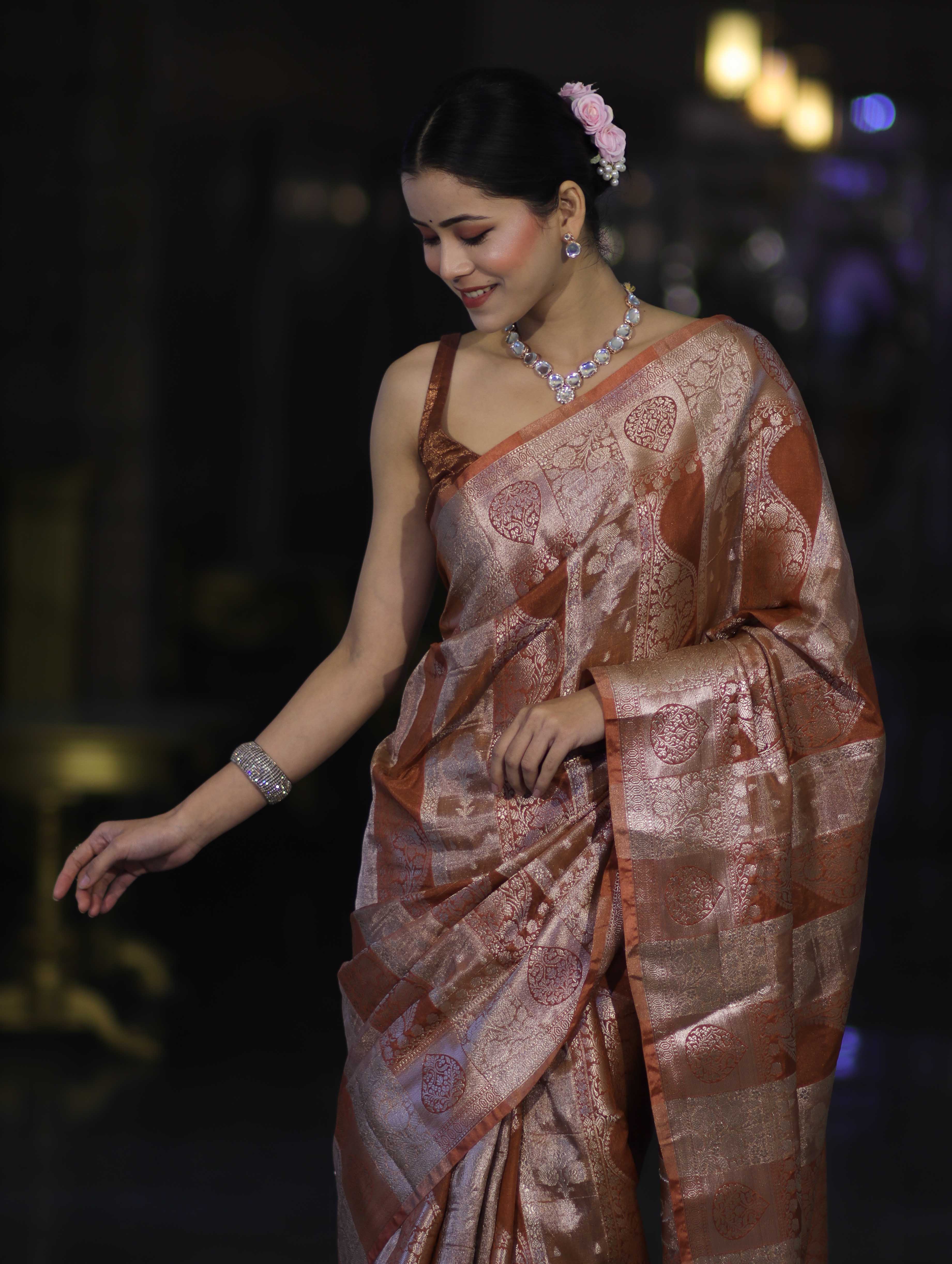 Banarasee Handloom Semi Silk Tissue Saree With Handwoven Zari Design & Border-Earthy Brown