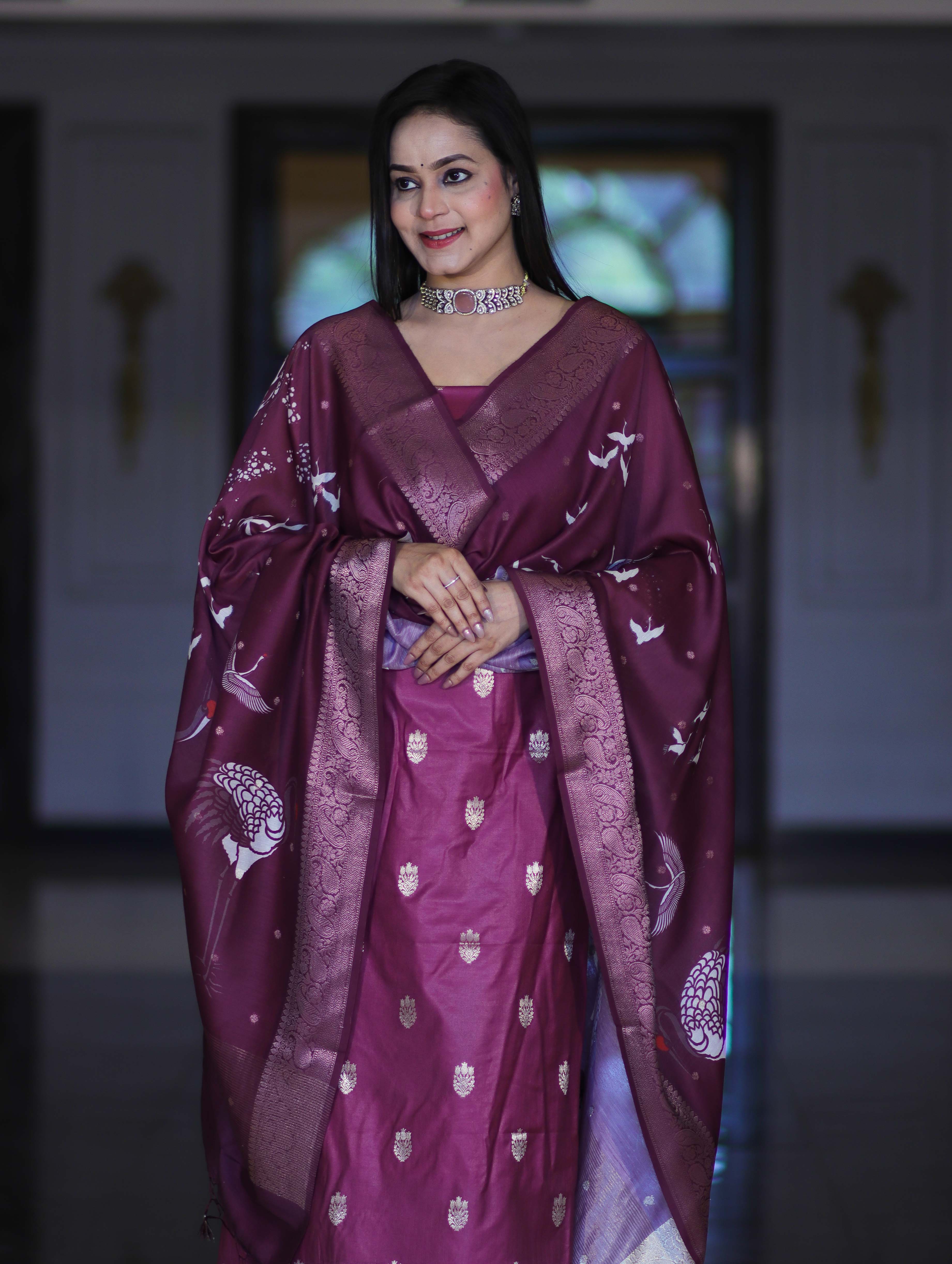 Banarasee Semi-Silk Zari Work Salwar Kameez Fabric With Digital Printed Dupatta Set-Wine