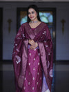 Banarasee Semi-Silk Zari Work Salwar Kameez Fabric With Digital Printed Dupatta Set-Wine