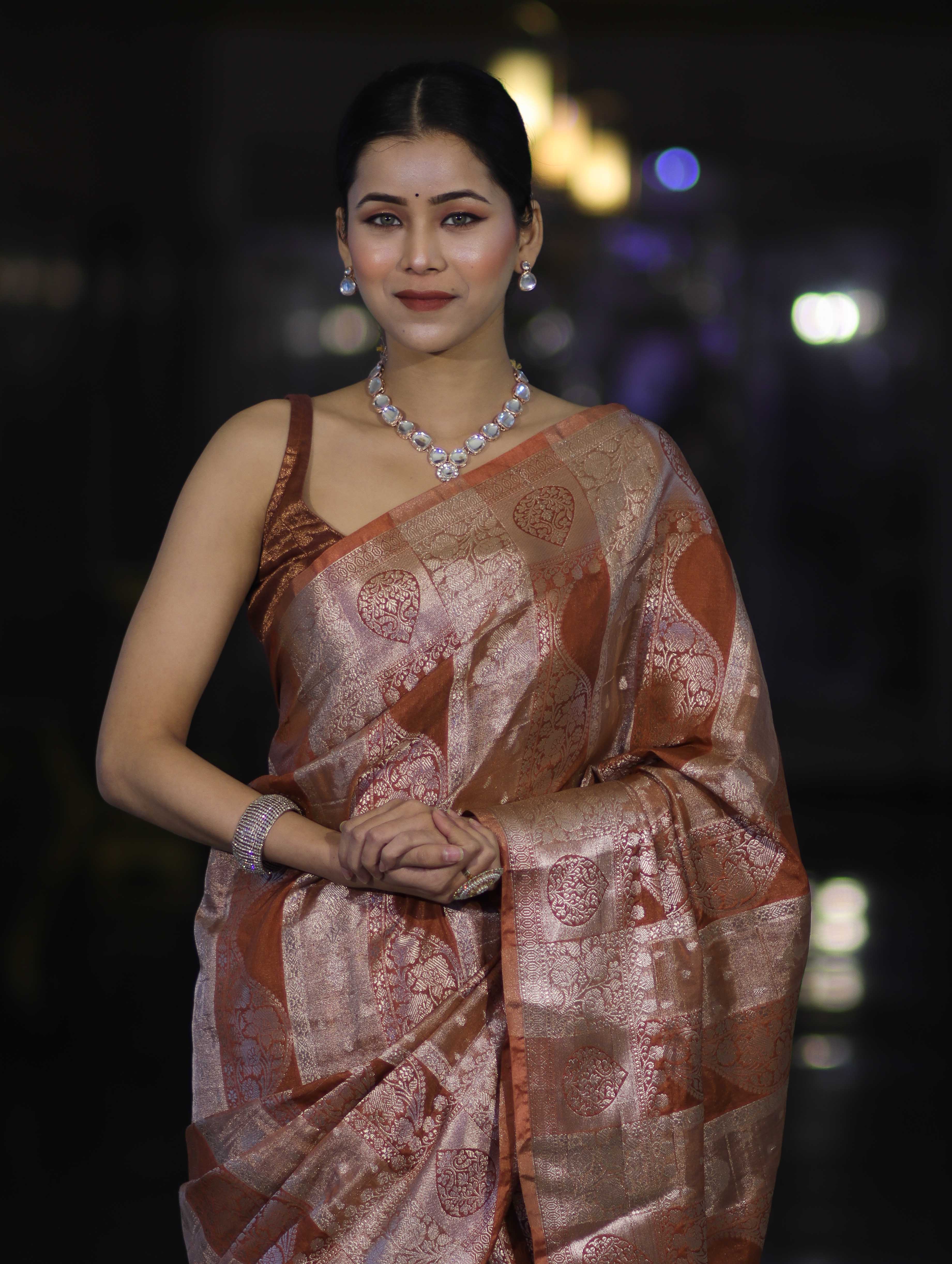 Banarasee Handloom Semi Silk Tissue Saree With Handwoven Zari Design & Border-Earthy Brown