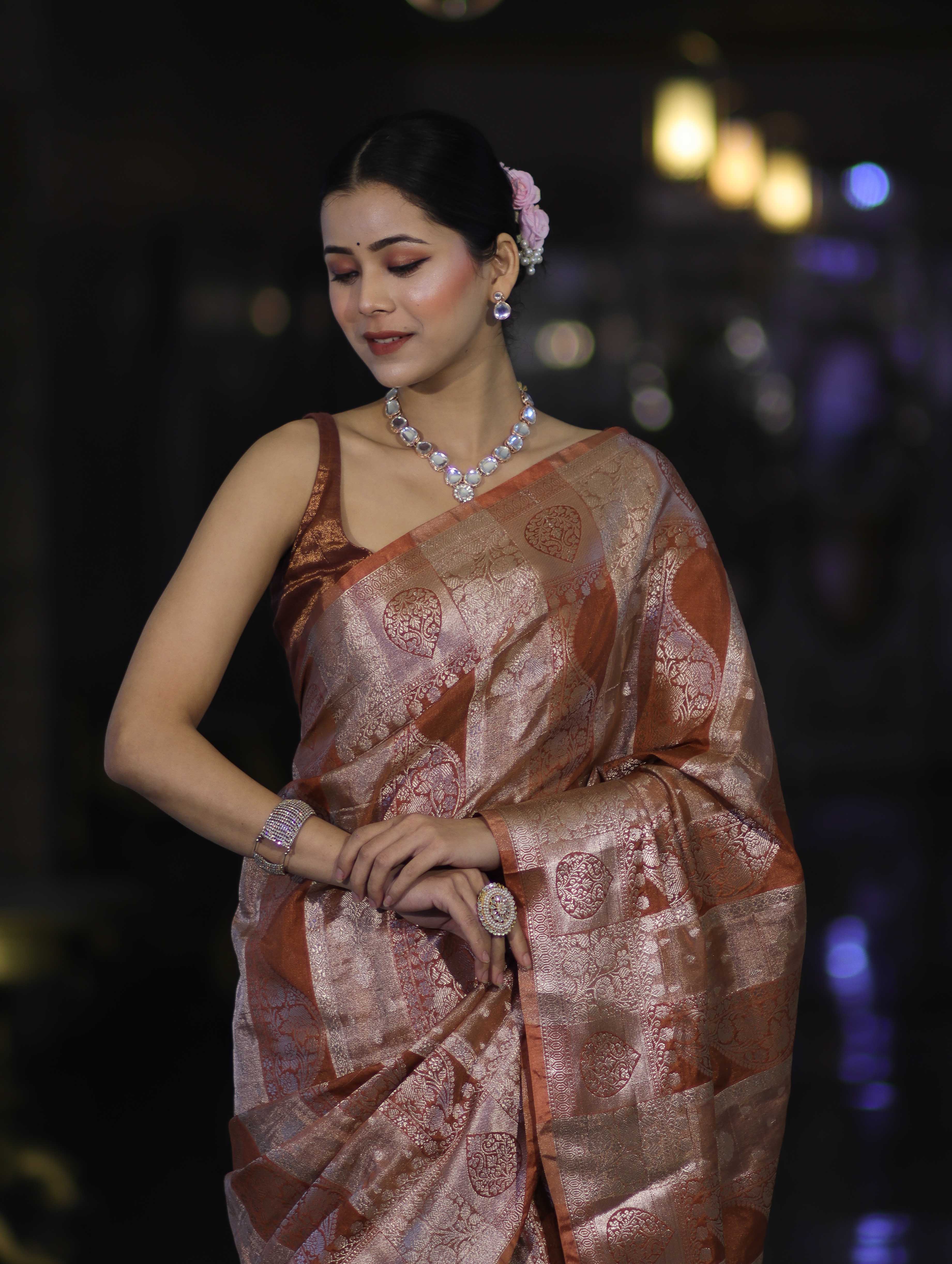 Banarasee Handloom Semi Silk Tissue Saree With Handwoven Zari Design & Border-Earthy Brown