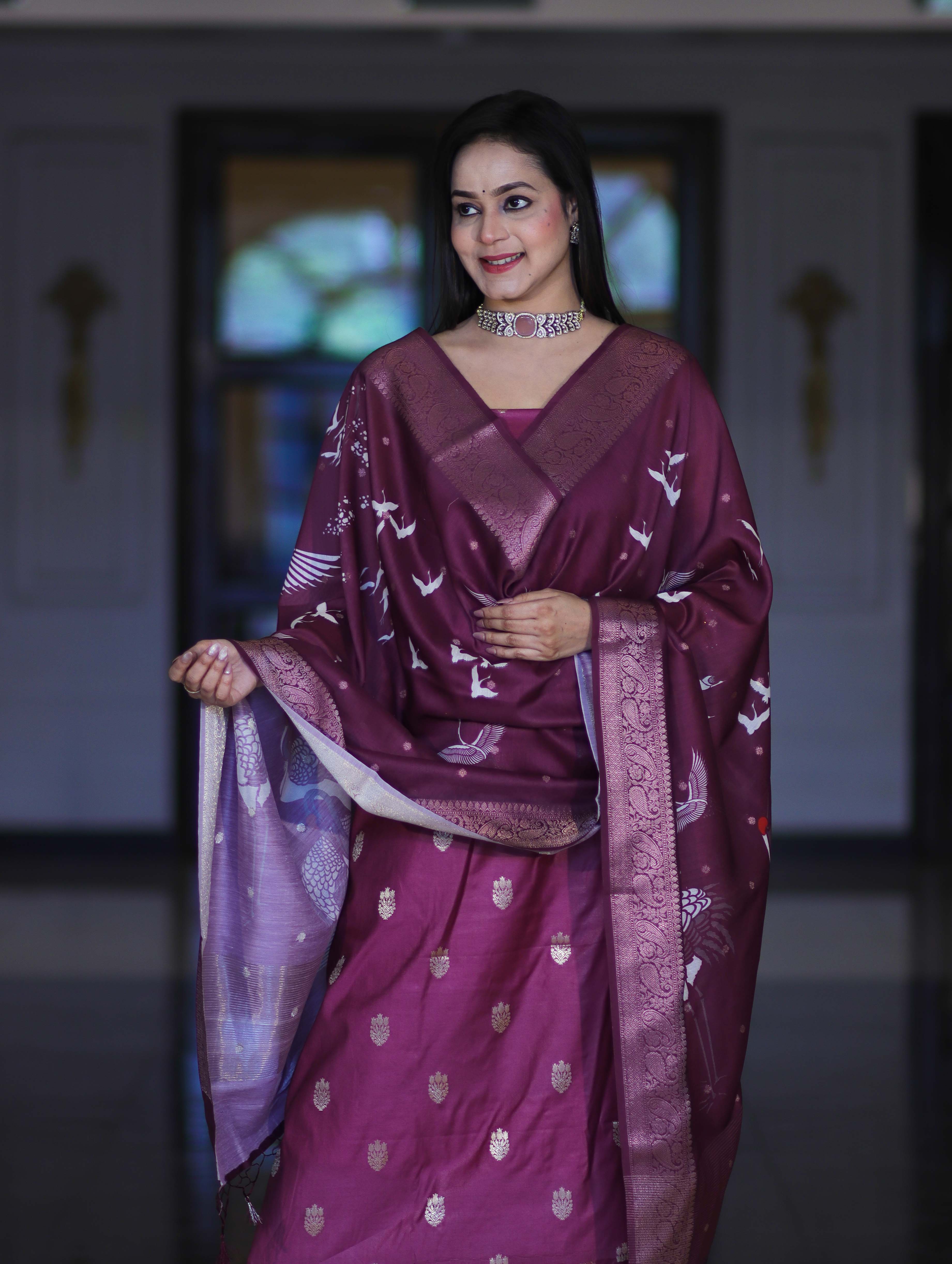 Banarasee Semi-Silk Zari Work Salwar Kameez Fabric With Digital Printed Dupatta Set-Wine