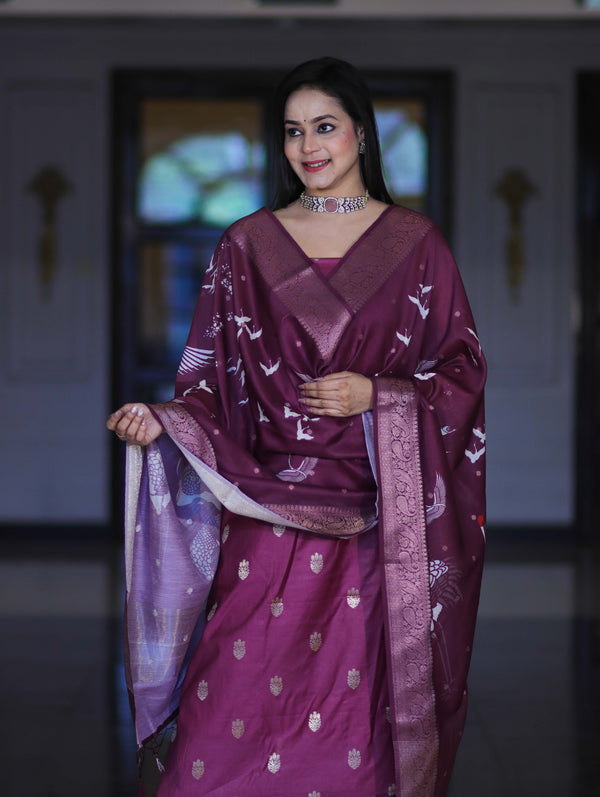 Banarasee Semi-Silk Zari Work Salwar Kameez Fabric With Digital Printed Dupatta Set-Wine