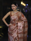 Banarasee Handloom Semi Silk Tissue Saree With Handwoven Zari Design & Border-Earthy Brown