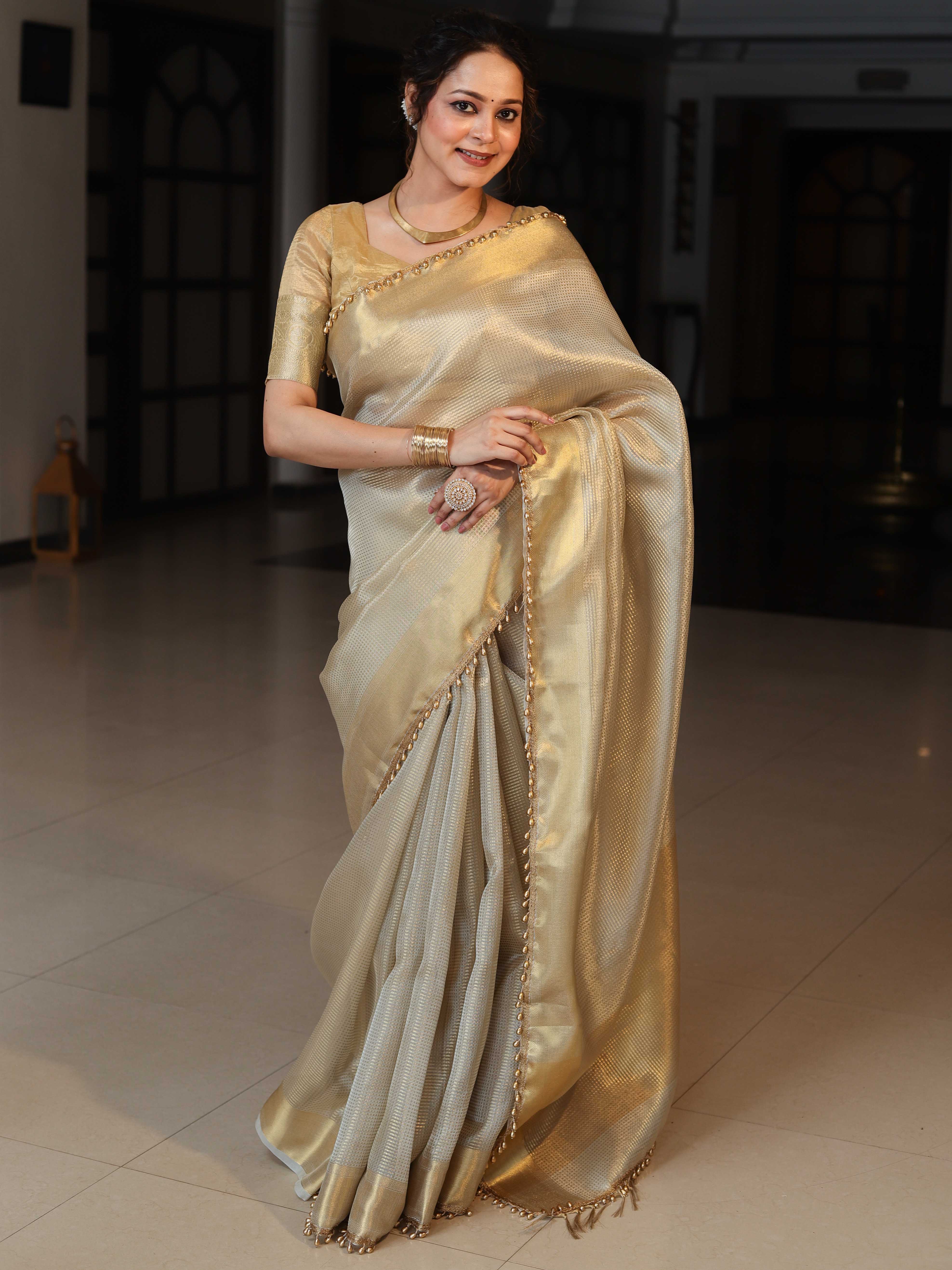 Banarasee Tissue Saree With Stripes Design Tanchoi Border & Lace-Gold