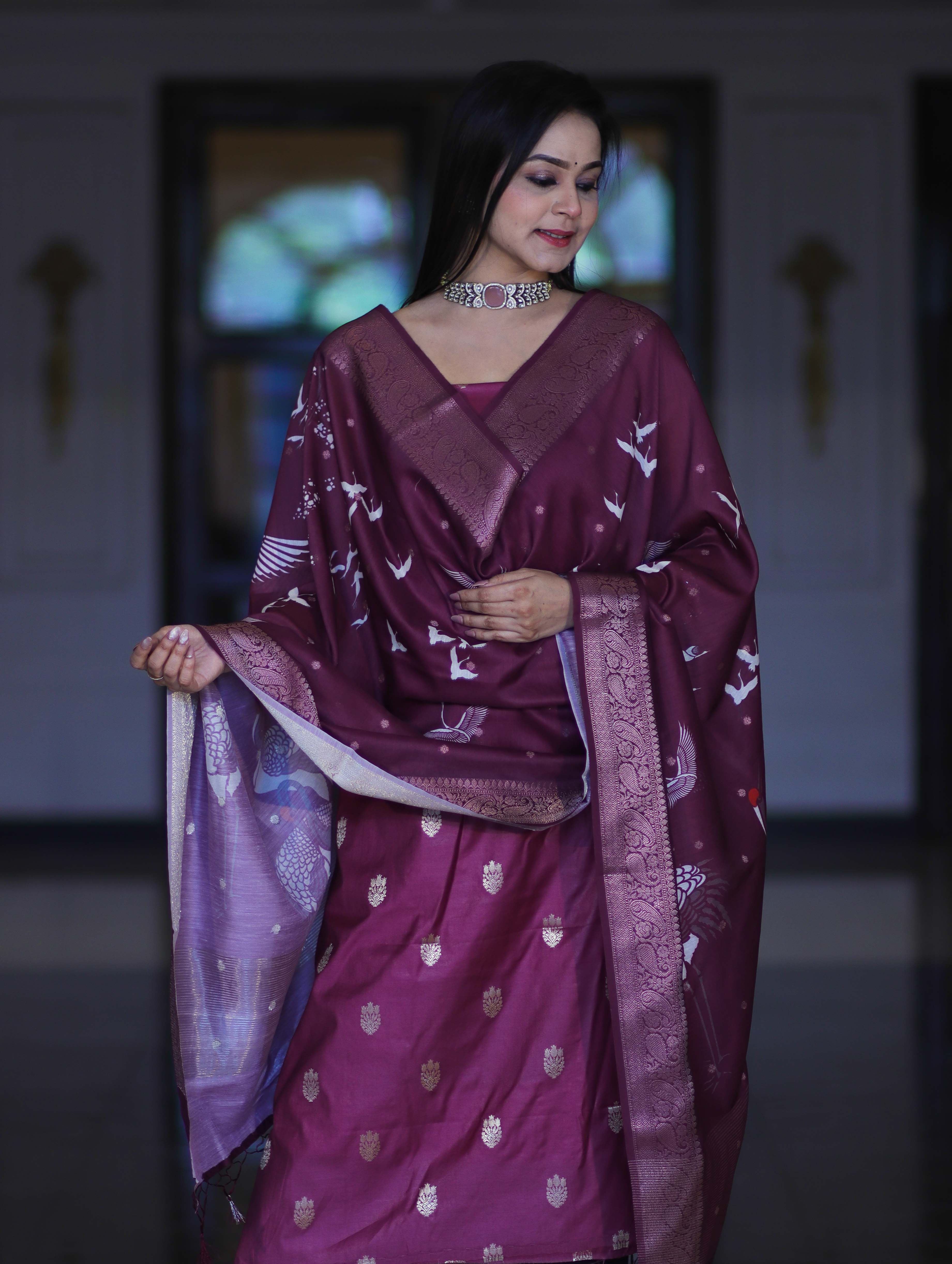 Banarasee Semi-Silk Zari Work Salwar Kameez Fabric With Digital Printed Dupatta Set-Wine