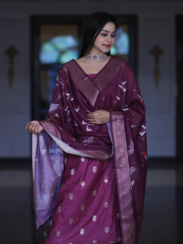 Banarasee Semi-Silk Zari Work Salwar Kameez Fabric With Digital Printed Dupatta Set-Wine