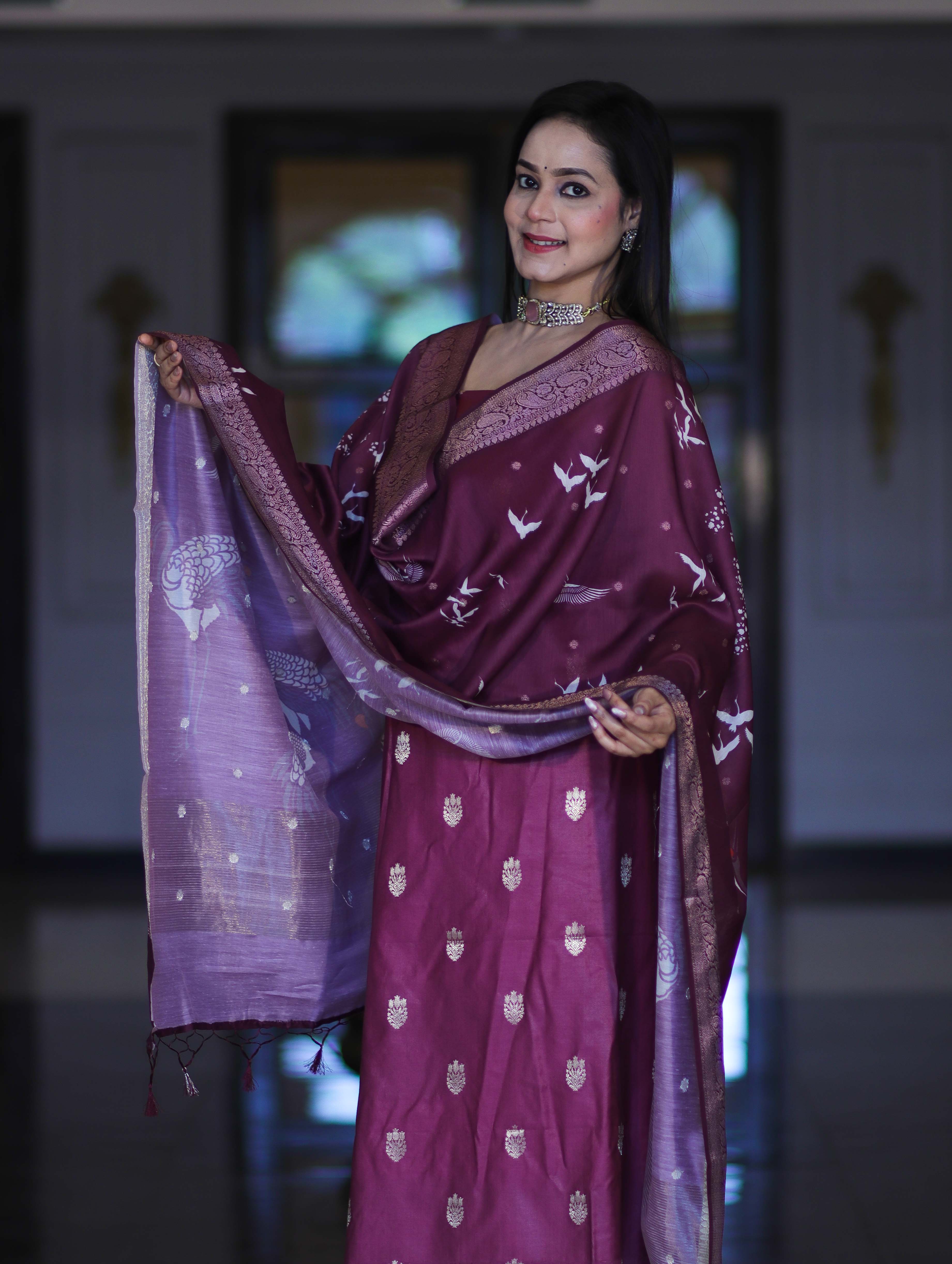 Banarasee Semi-Silk Zari Work Salwar Kameez Fabric With Digital Printed Dupatta Set-Wine