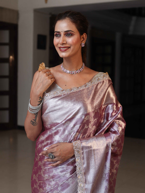 Banarasee Handloom Tissue Saree With Silver Zari Jaal Design Broad Border & Lace-Light Purple