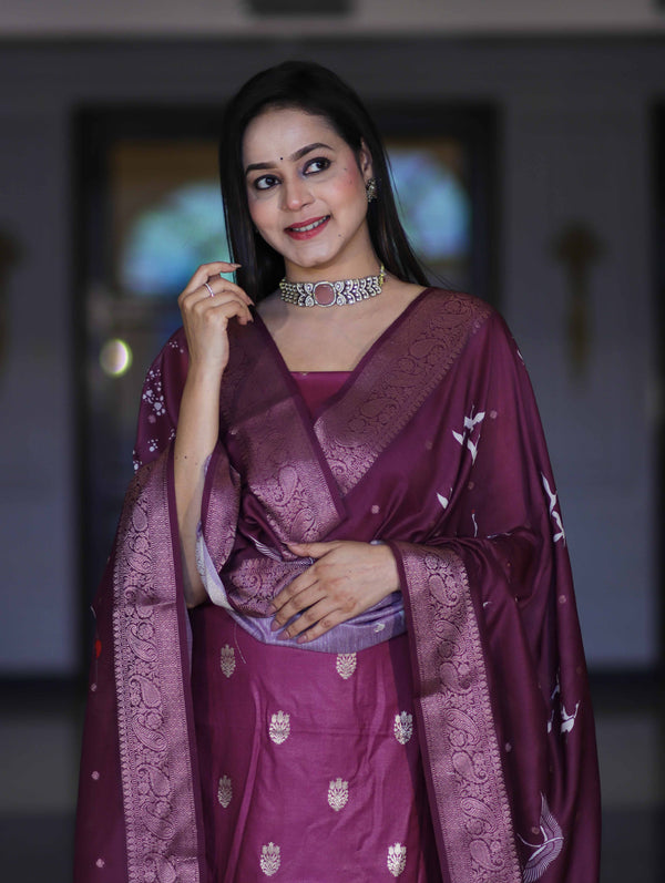 Banarasee Semi-Silk Zari Work Salwar Kameez Fabric With Digital Printed Dupatta Set-Wine