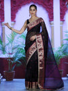 Banarasee Handloom Tissue Saree With Buti Design Contrast Border & Lace-Black