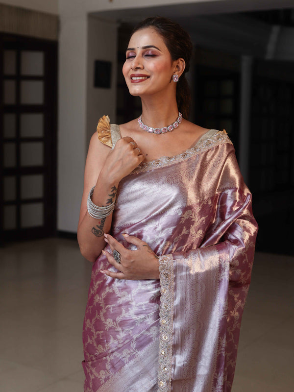 Banarasee Handloom Tissue Saree With Silver Zari Jaal Design Broad Border & Lace-Light Purple