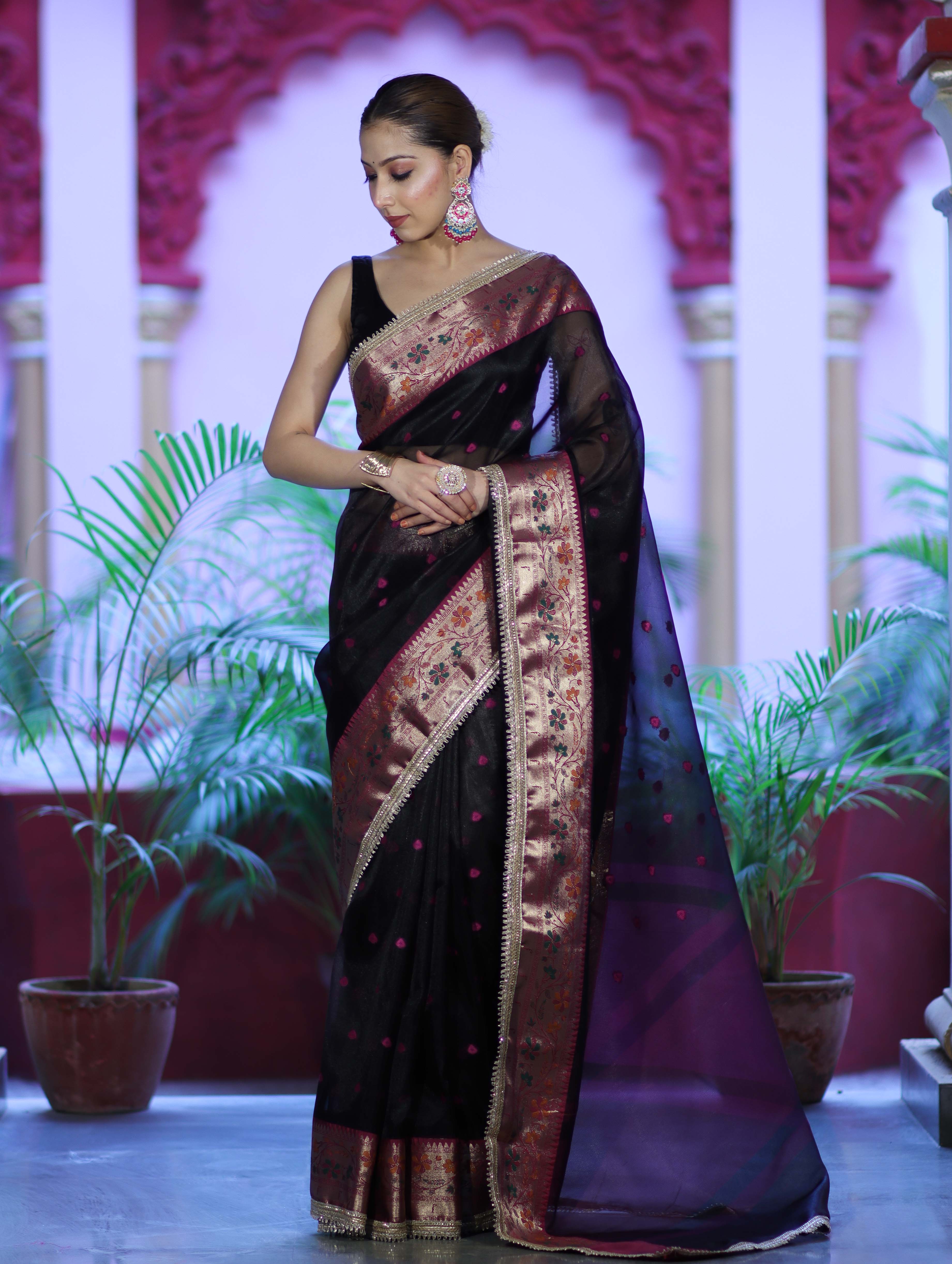 Banarasee Handloom Tissue Saree With Buti Design Contrast Border & Lace-Black