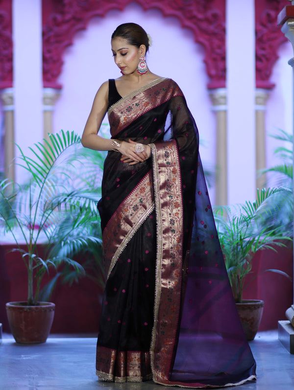 Banarasee Handloom Tissue Saree With Buti Design Contrast Border & Lace-Black