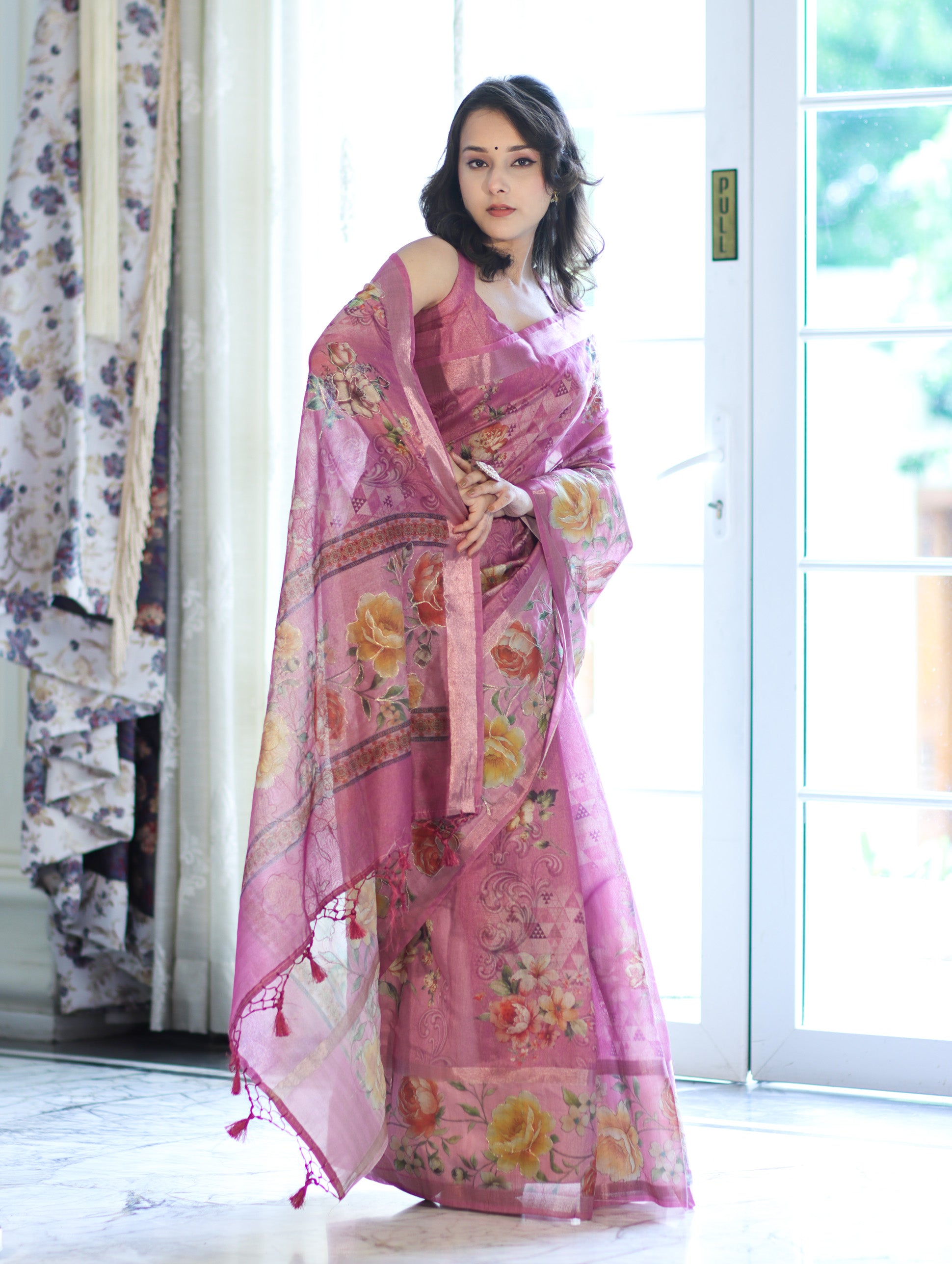 Banarasee Handloom Cotton Silk Saree With Digital Floral Prints & Border-Onion Pink