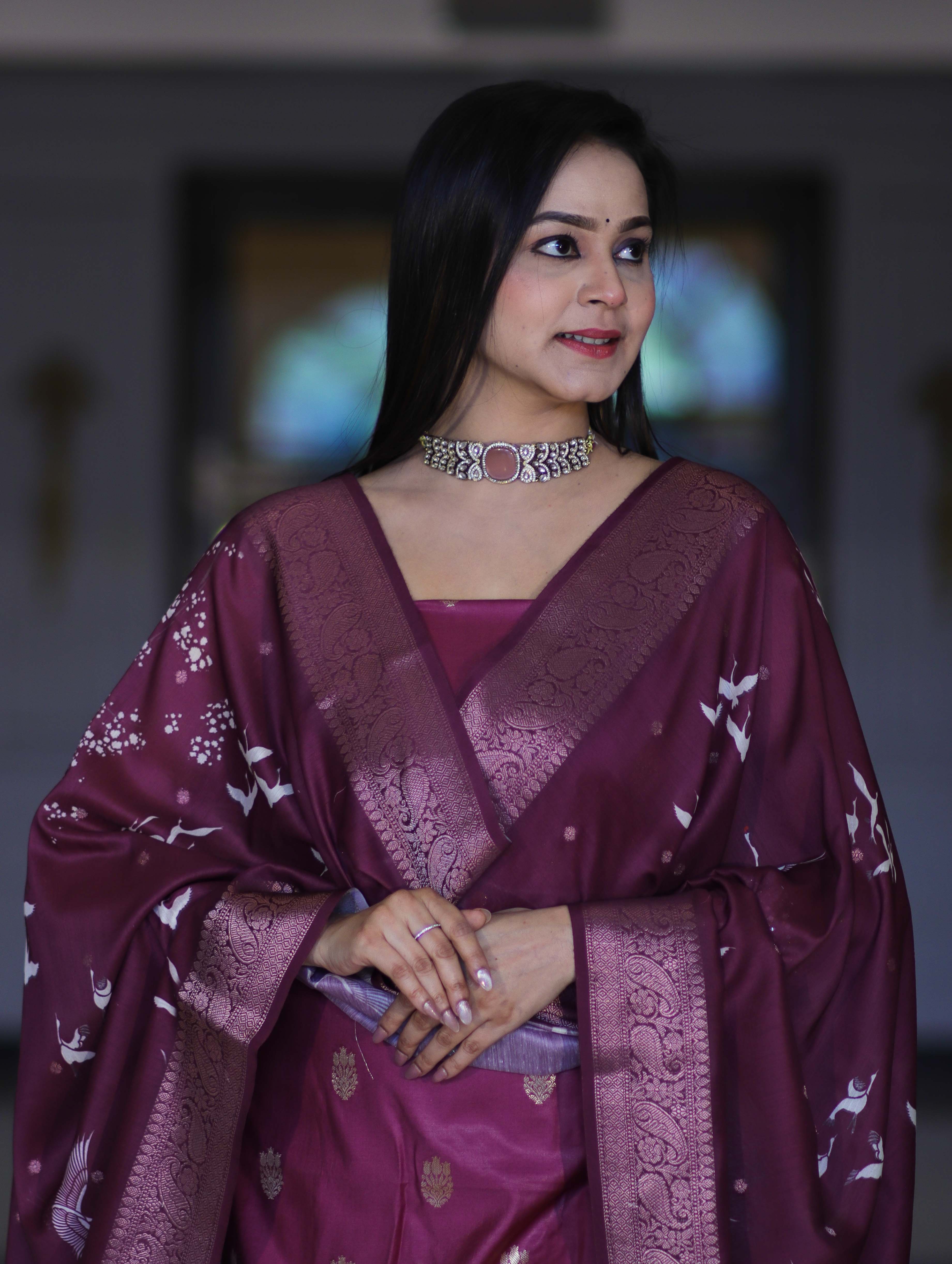 Banarasee Semi-Silk Zari Work Salwar Kameez Fabric With Digital Printed Dupatta Set-Wine