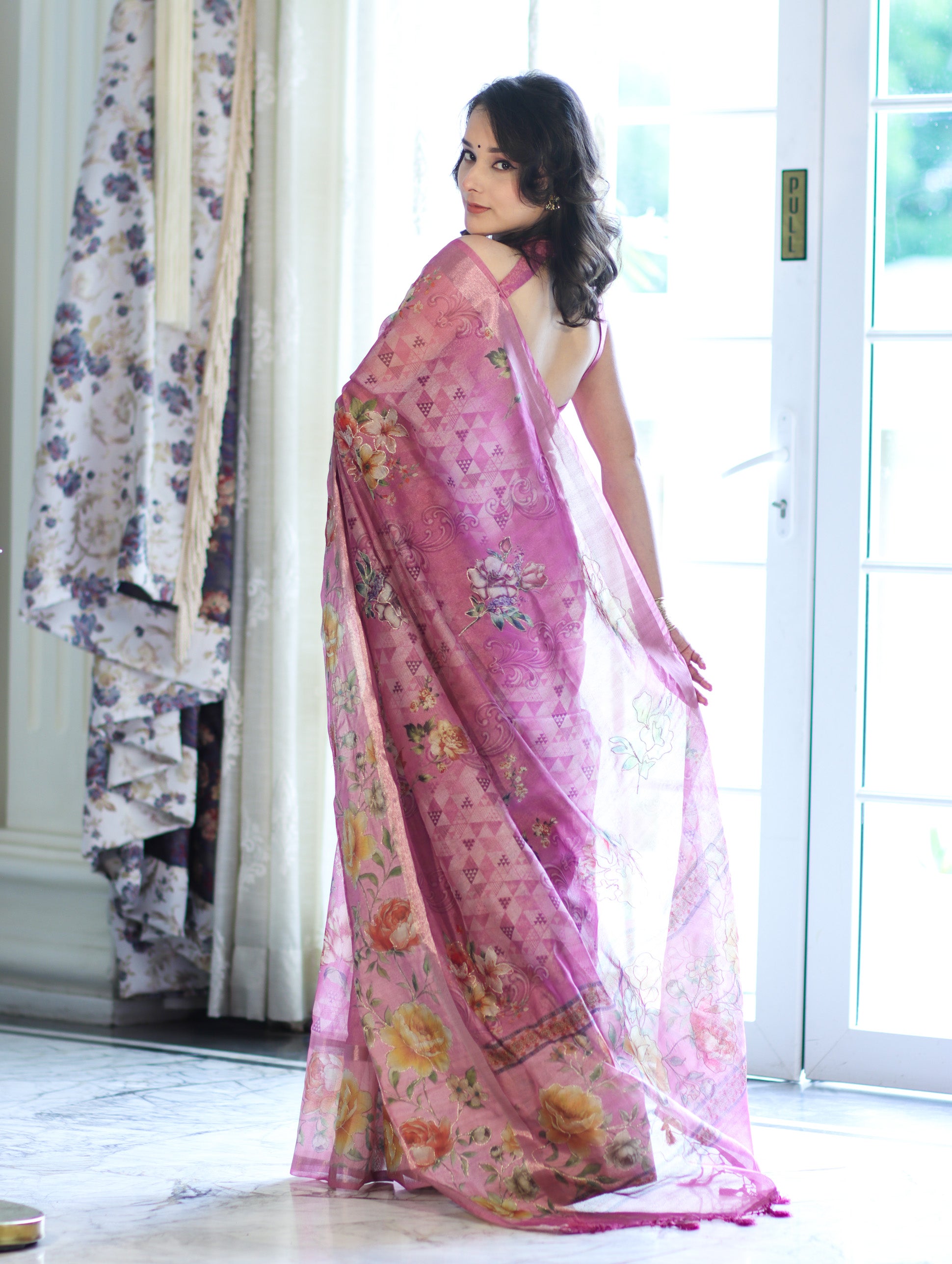 Banarasee Handloom Cotton Silk Saree With Digital Floral Prints & Border-Onion Pink