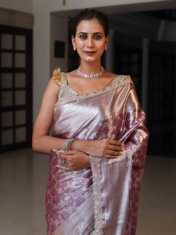 Banarasee Handloom Tissue Saree With Silver Zari Jaal Design Broad Border & Lace-Light Purple