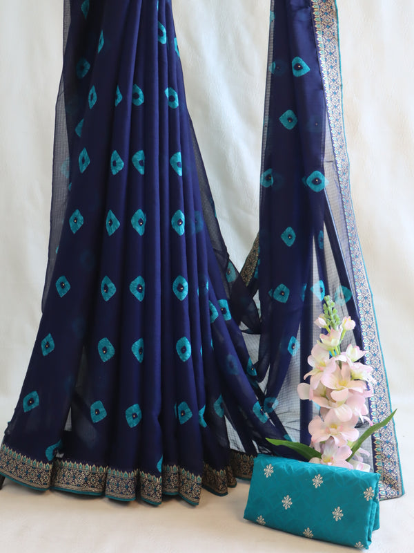 Banarasee Chiffon Bandhani Print Saree & Gold Zari Lace Border With Contrast Blouse-Blue