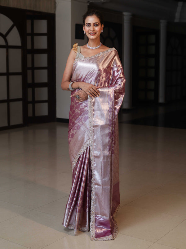 Banarasee Handloom Tissue Saree With Silver Zari Jaal Design Broad Border & Lace-Light Purple
