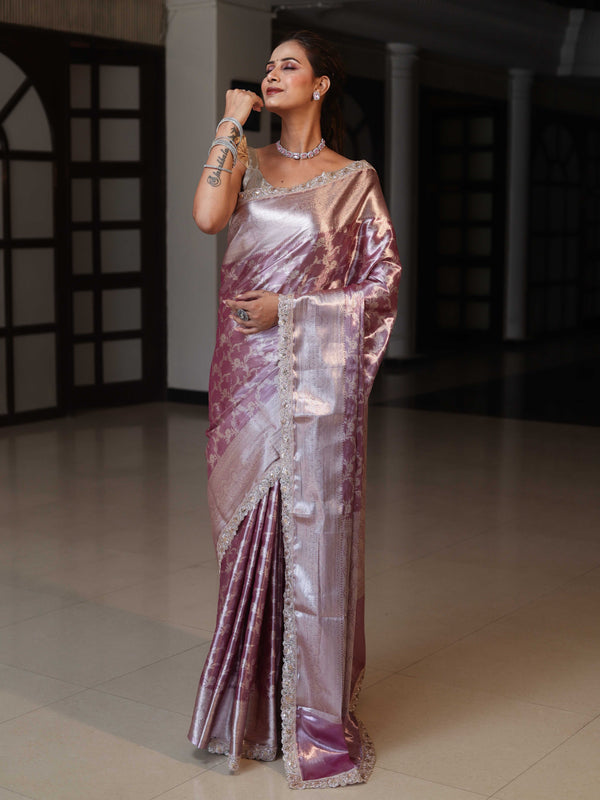 Banarasee Handloom Tissue Saree With Silver Zari Jaal Design Broad Border & Lace-Light Purple