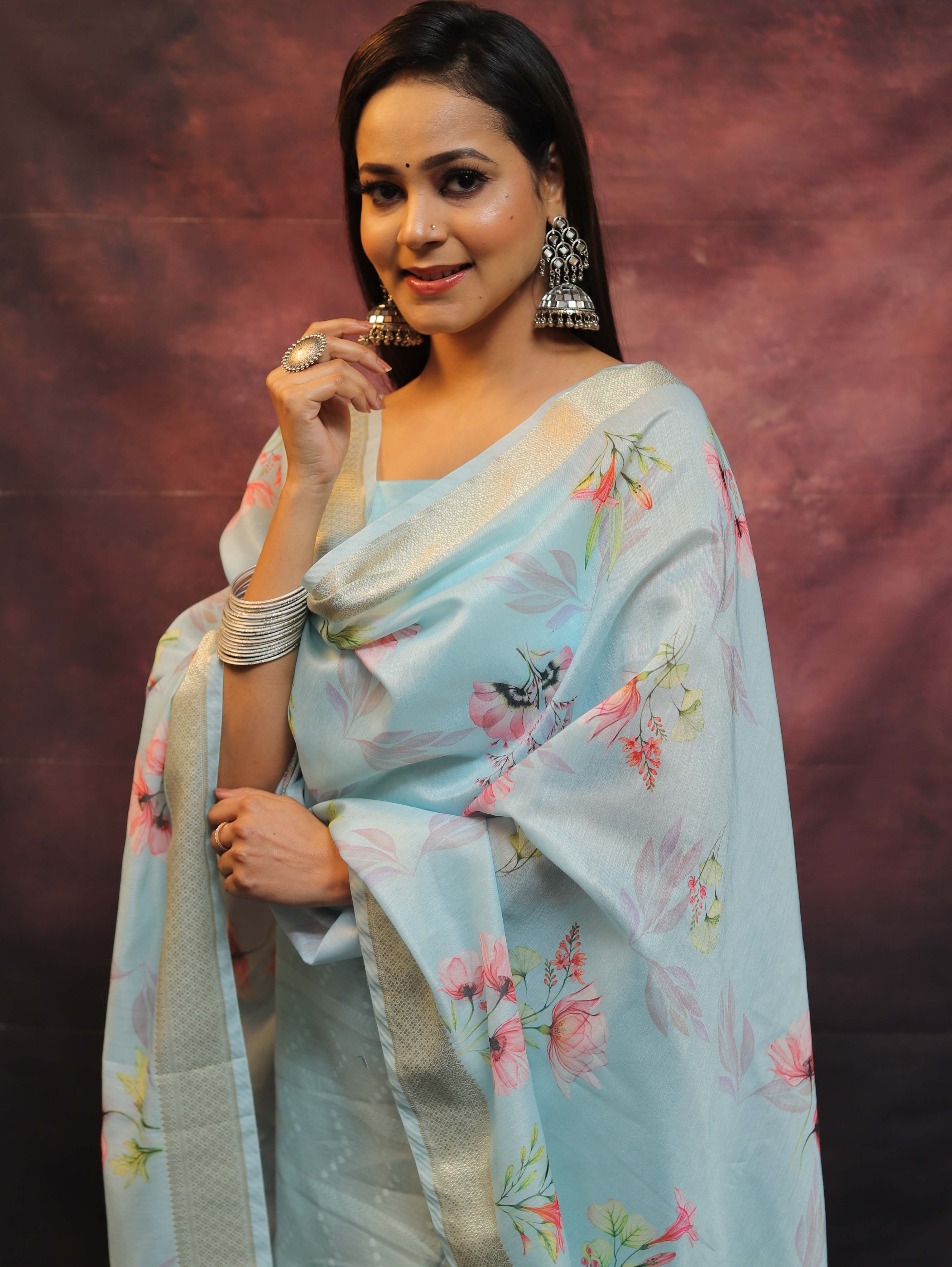Banarasee Chanderi Cotton Resham Buti Salwar Kameez Fabric With Digital Print Dupatta-Blue