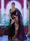 Banarasee Handloom Tissue Saree With Buti Design Contrast Border & Lace-Black