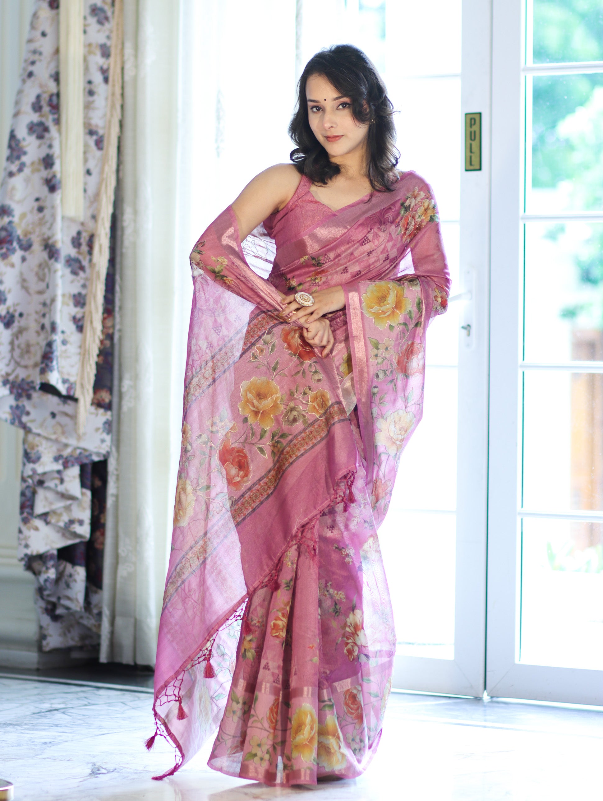 Banarasee Handloom Cotton Silk Saree With Digital Floral Prints & Border-Onion Pink