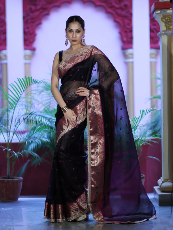 Banarasee Handloom Tissue Saree With Buti Design Contrast Border & Lace-Black