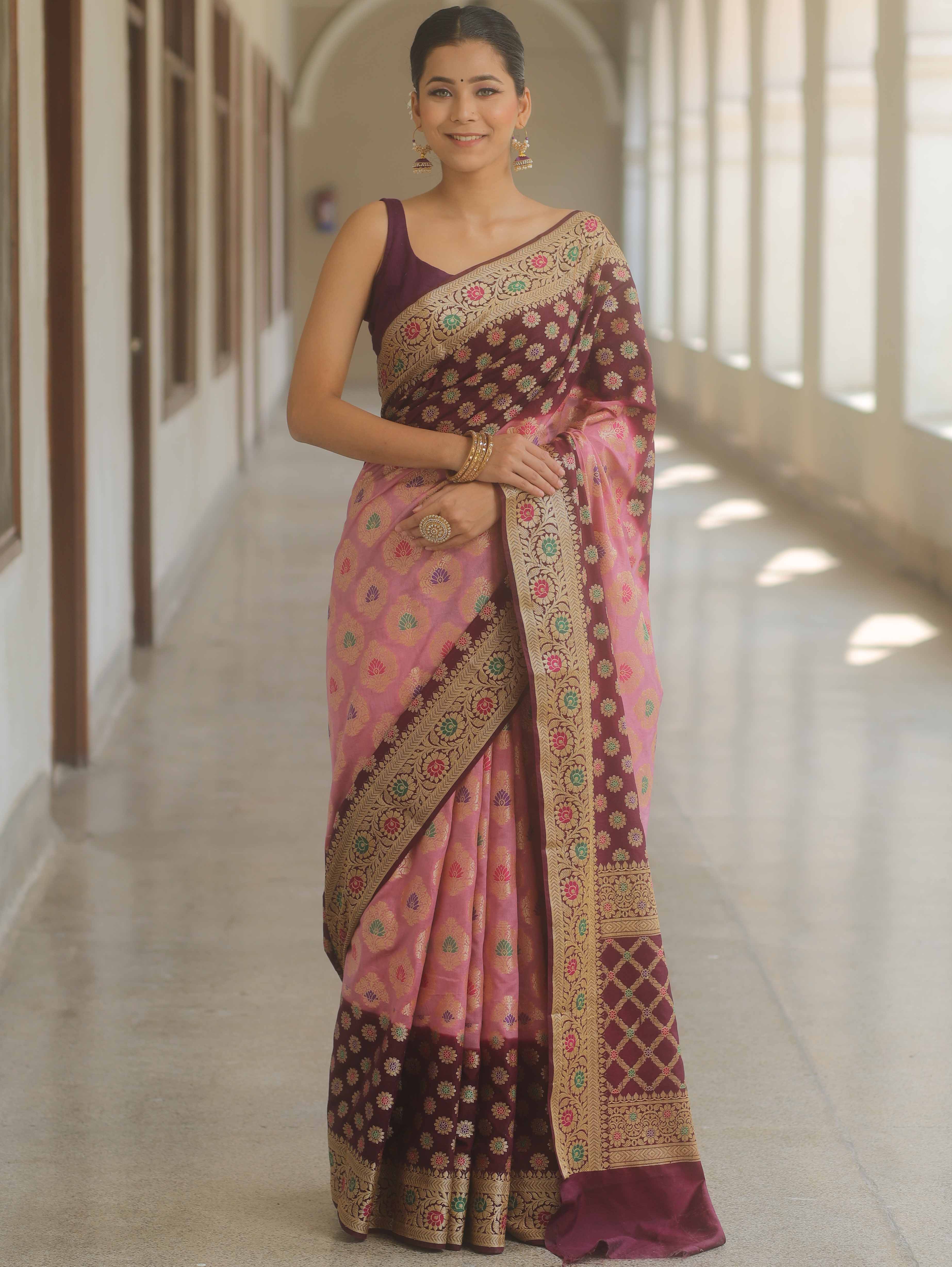 Banarasee Handwoven Semi Silk Saree Resham Zari Buta & Border-Pink & Maroon