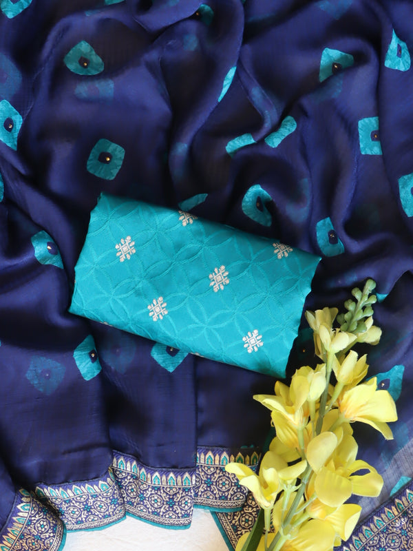 Banarasee Chiffon Bandhani Print Saree & Gold Zari Lace Border With Contrast Blouse-Blue