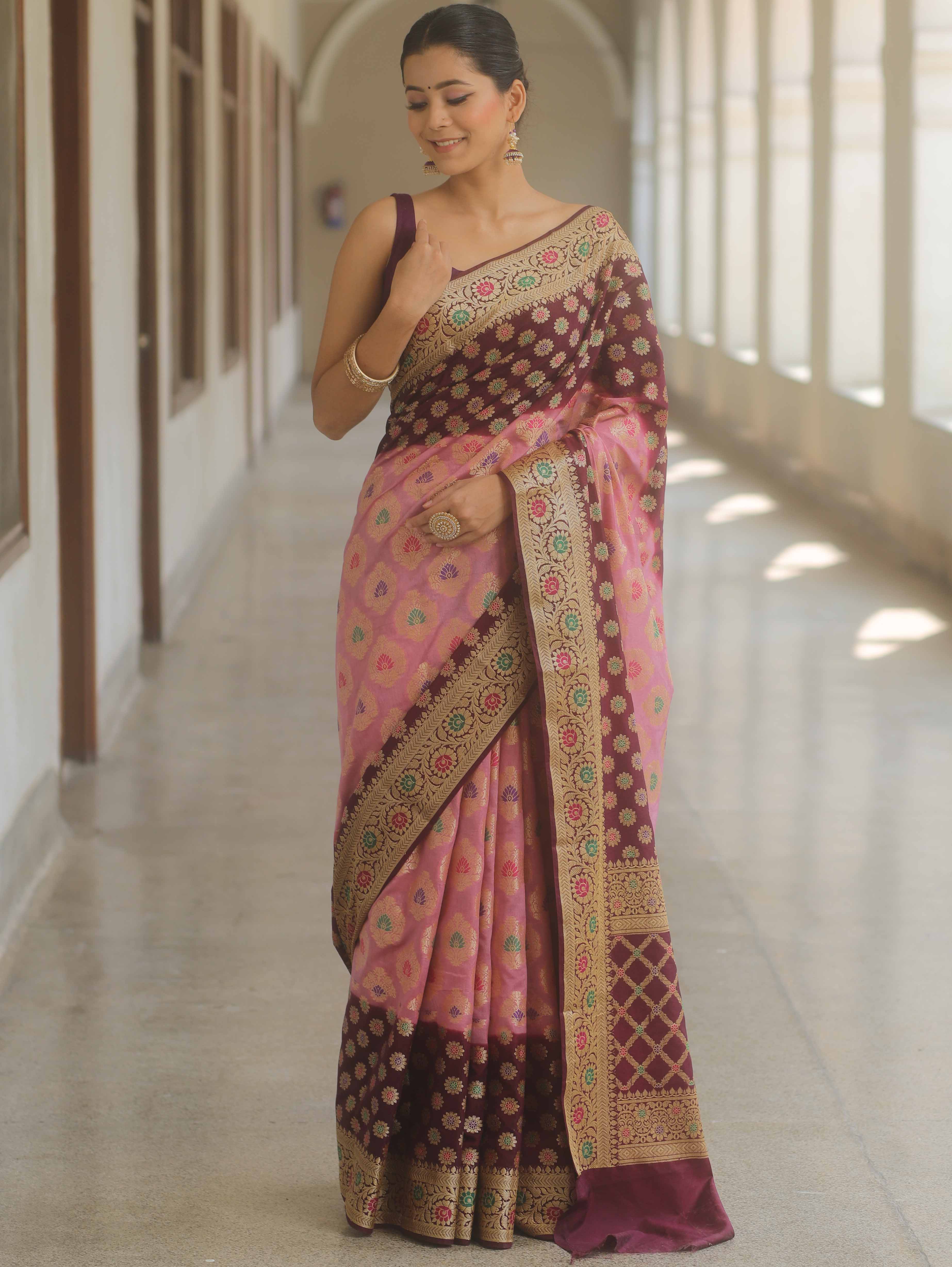 Banarasee Handwoven Semi Silk Saree Resham Zari Buta & Border-Pink & Maroon