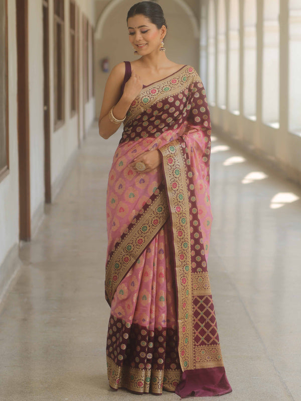Banarasee Handwoven Semi Silk Saree Resham Zari Buta & Border-Pink & Maroon